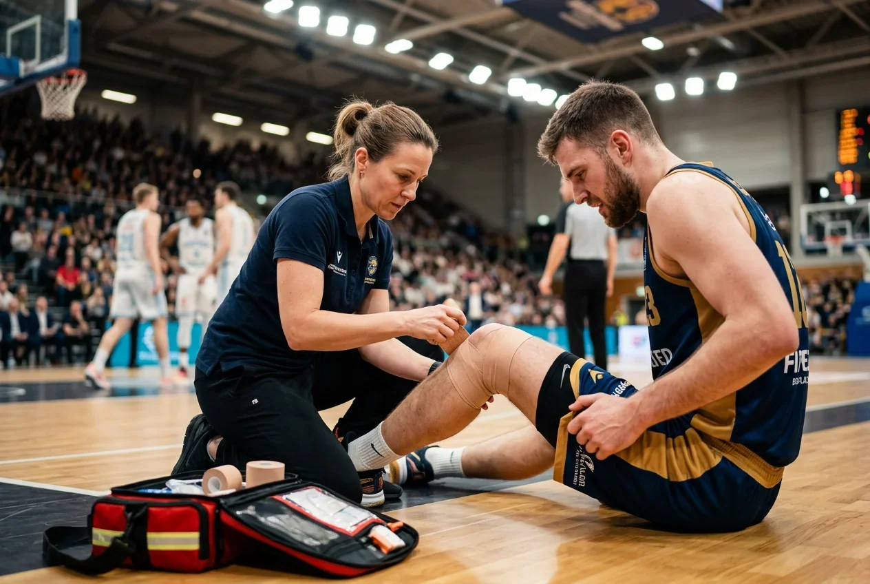 Fisioterapeuta atendiendo la rodilla de un jugador de baloncesto en el banquillo de un partido de Euroliga