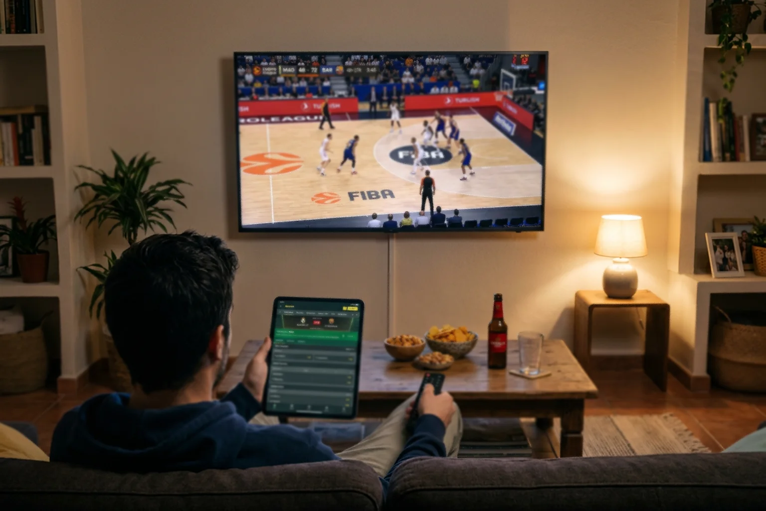 Pantalla de televisión mostrando un partido de Euroliga en directo en un salón